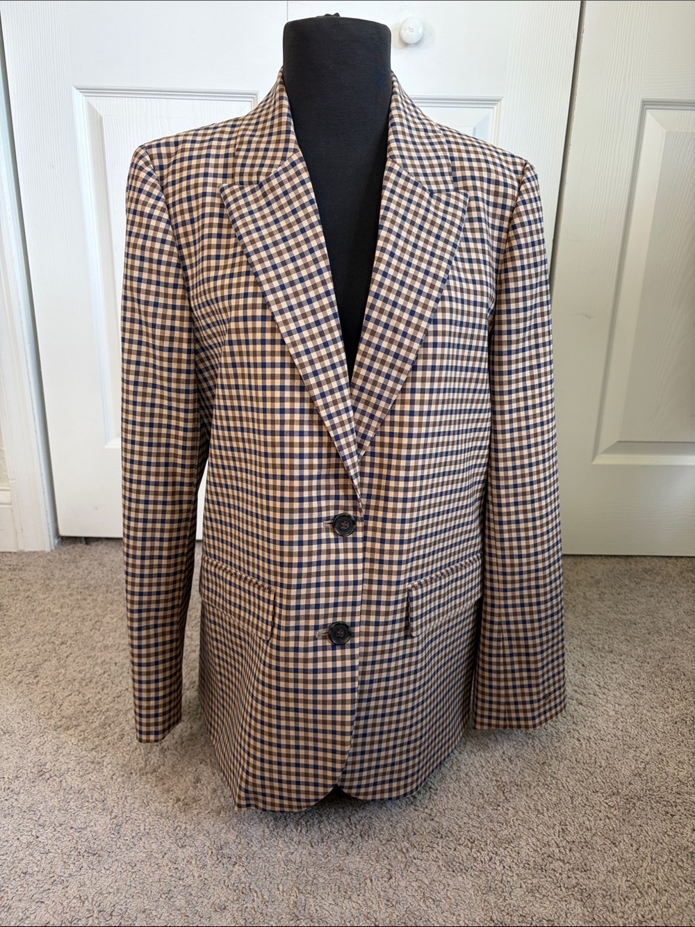 J. Crew Boyfriend Blazer Tan Navy Checks Plaid Italian Wool Women’s 12 Preppy